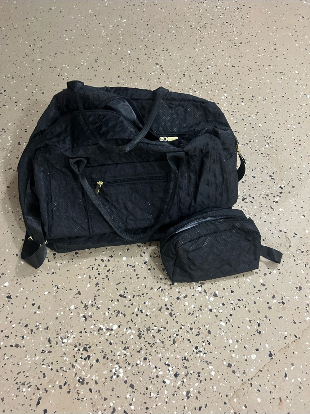 Black Quilted Travel Duffel Bag with Accessory Pouch